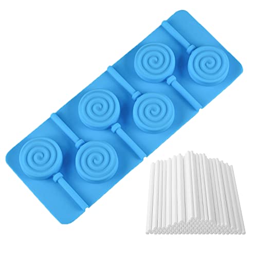 WishesMar Moldes de Silicone de 6 Cavidades para Piruletas Cake Pop Forma de Ranura de Espiral Viene con 50 Palitos de cartón - Antiadherente Molde de Forma Especial para Lollipop, Chocolate, Caramelo
