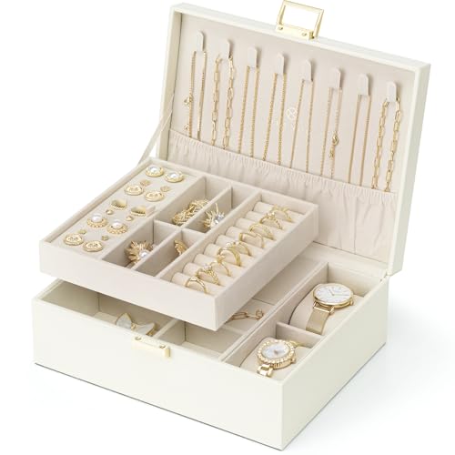Vlando 2 Layer Jewelry Box Large Jewelry Organizer for Women Removable Jewelery Tray with Watch Pillow for Necklace Earrings Rings Bracelets Jewelry Boxes for Mother‘s Day Gifts (White) Upgr