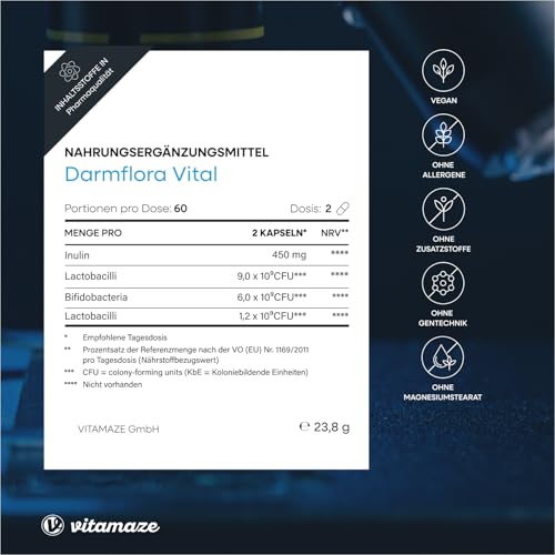 Darmflora Vital Kapseln hochdosiert magensaftresistent, 60 vegane Kapseln Probiotika für 1 Monat Darmkur mit 12 aktiven Darm-Bakterien-Kulturen + Inulin, 16,2 Mrd. KBE pro Tag, Made in Germany