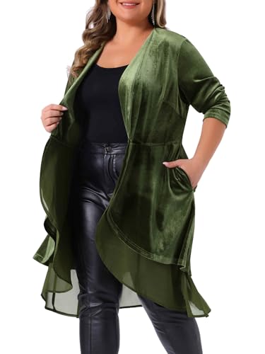 Image of Agnes Orinda Women Plus Size Ruffled Asymmetric Long Velvet Cardigan Jacket | Chiffon Ruffle Splicing Open Front Long Sleeve Irregular Hem Casual Jackets