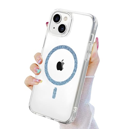 Image of AIBEX Back Cover Case Compatible with iPhone 14 | Glitter Ring Cute Shiny Colorful Bling Case (Compatible with Magsafe) | Transparent PC+TPU Glossy Shiny Cover for Girls & Women - Blue