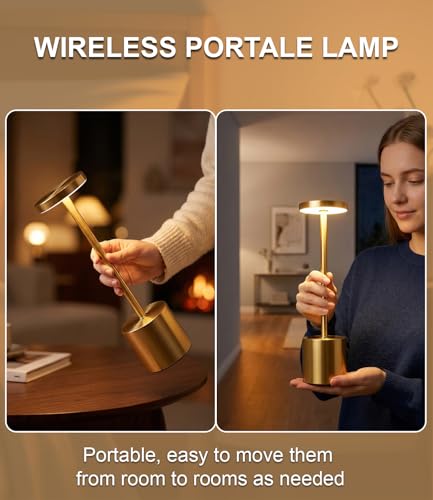 Image of Swinerton Gold Cordless Table Lamp Set, 5000mAh Rechargeable Battery Operated Desk Lamp Wireless Table Light, 3 Color Dimmable Touch Lamp for Restaurant Dining Patio, Home /Apartment Decor