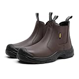 DRKA Men's Chelsea Steel Toe Work Boots – Waterproof, Slip-Resistant, Anti-Puncture Safety Shoes for Construction & Outdoor Work（DR2405-BRN-42