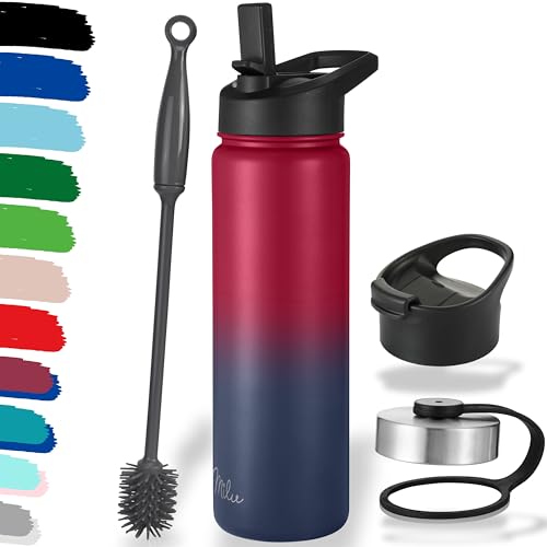 Milu Botella de Agua, 500ml, 750ml, 1000ml (+3 Tapas) - Acero Inoxidable, Libre BPA, Para Bebidas Calientes, Frías y Carbonatadas (Azul Berry, 750ml)