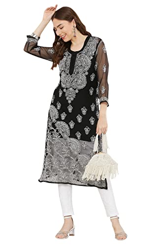 Image of FAWOMENT Women's Designer Straight Georgette Hand Embroidered Lucknowi Chikankari Kurta Designed in Side Jhaar Pattern Alongwith Slip