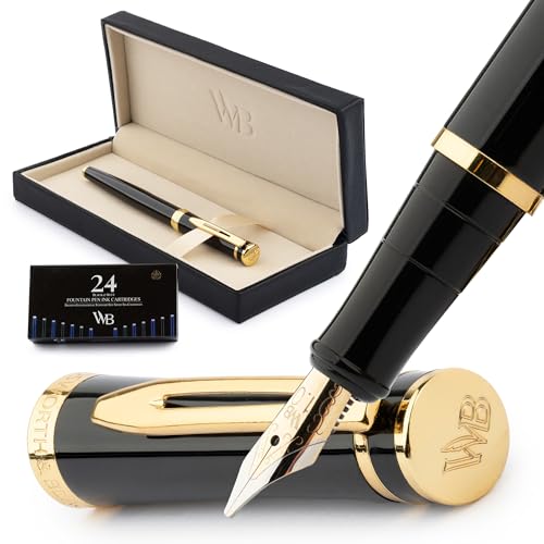 Image of Wordsworth & Black Luxury Fountain Pen Set for Writing, Broad Nib, Black | Gift for Men & Women, Brass Body, 18K German Iridium, Calligraphy, Converter + 24 Ink Cartridges, Refillable, Leak-Free
