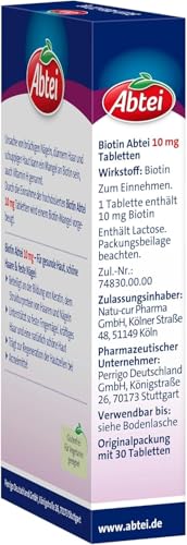 Abtei Biotin 10mg Forte - hochdosiertes Biotin - für schöne Haut, Haare und Nägel - zur Vorbeugung von Biotinmangel - laborgeprüft - 30 Tabletten