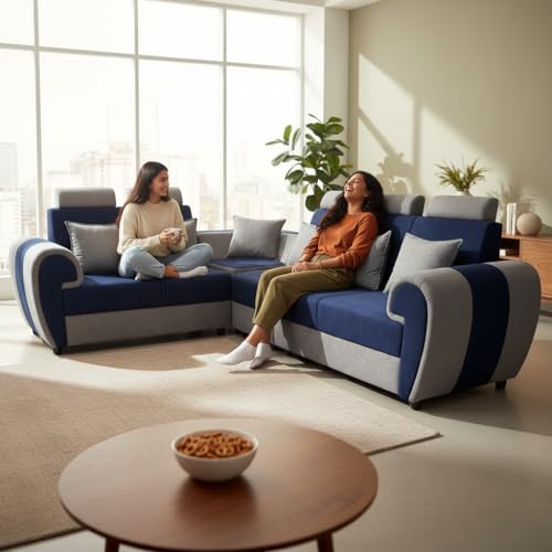 Image of APRODZ Wooden Sofa Set 6 Seater for Living Room, Solid Wood L Shape Sectional Sofa with Velvet Fabric Upholstery, Cushioned Seating for Home, Office & Lounge, Blue & Light Grey