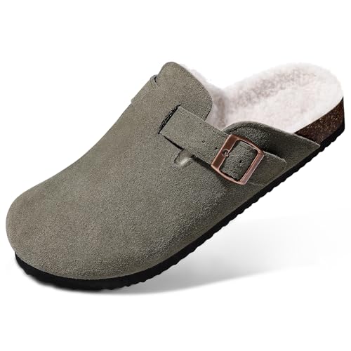 Image of KIDMI Women's Fur Lined Genuine Suede Clogs Fuzzy Cork Footbed Potato Shoes | Adjustable Metal Buckle, Non-slip Rubber Soles, Cushioning, Cozy and Warm, Supportive, Indoor, Outdoor, Winter, Casual
