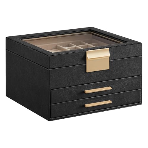 SONGMICS Jewelry Box Organizer with Glass Lid, 3-Layer Jewelry Storage, with 2 Drawers, Modern Style, Christmas Gift, 8 x 9.1 x 5.3 Inches, Graphite Black and Gold Color UJBC239B03 3 Layer (