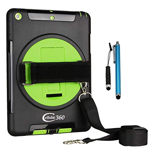 Cellular360 Shockproof Case for iPad 5th Gen./ iPad 6th Gen./ iPad 9.7 with a 360 Degree Rotatable Kickstand, Adjustable Handle and Shoulder Strap (Black/Green)