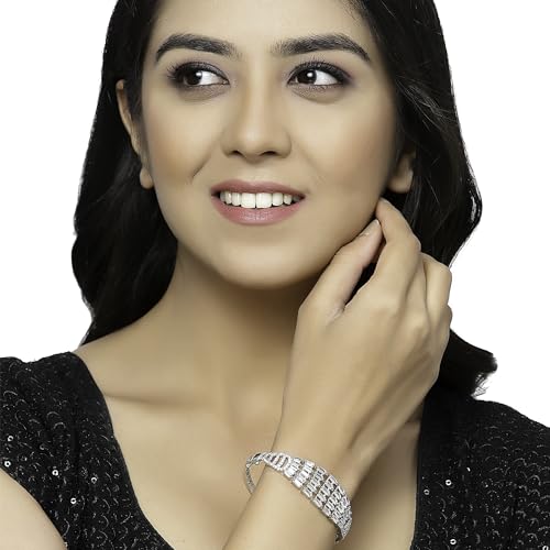 Image of ZENEME Rhodium-Plated Silver Toned American Diamond Studded Contemporary Kada Bracelet For Girls and Women