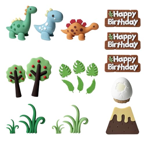 YAZWUR Set de 20 Piezas de Decoración de Pastel de Dinosaurios - Decoración de Cumpleaños con Huevos de Dinosaurio, Volcanes, Hierba, Hojas, Animales, para Fiesta de Cumpleaños Infantil