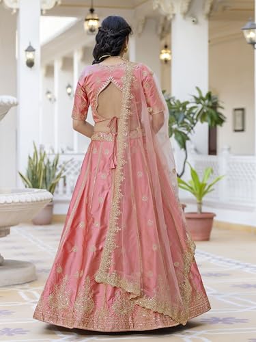 TRENDMALLS Women's Satin Embroidery Sequence Work Bridal Lehenga Choli Set with Dupatta For Women Ready To Wear
