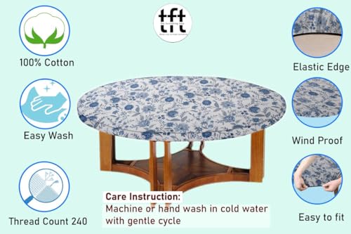 Image of The Furnishing Tree Elastic Cotton Round Center Table Cover 18x18 in Inches Floral Blue on White Base