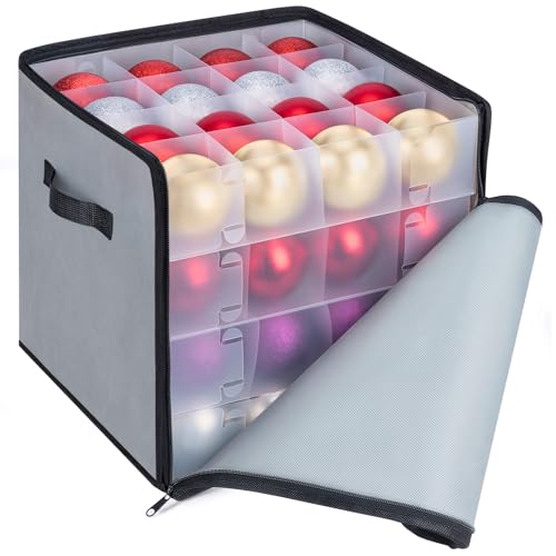 BALEINE Christmas Ornament Storage Box with Dividers, Premium Holiday Ornaments Storage Container Bin for Xmas Decorations (64 Ball, Grey, Soft)