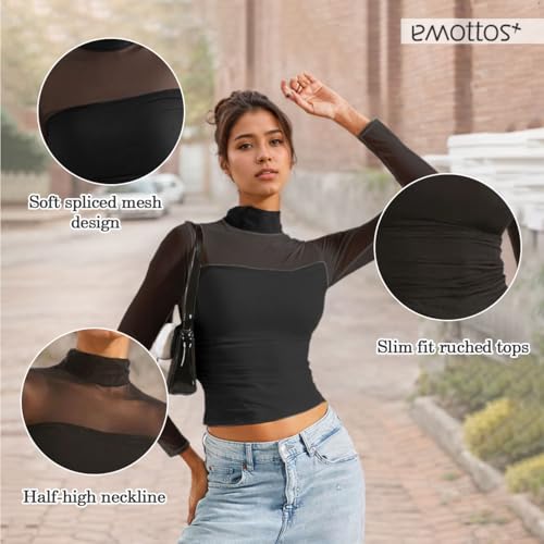 EMOTTOS Mujeres Patchwork Sheer Malla Crop Tops, Sexy Ruched Encaje Top Cuello de Tortuga Camisetas, Slim Fit Top Salir de Fiesta Clubbing Camiseta Transparente, Negro, M