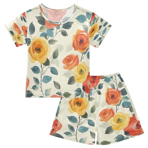 senya Short Sleeve Pajamas Sets Summer Cotton Sleepwear Flower Rose Leaves Yellow