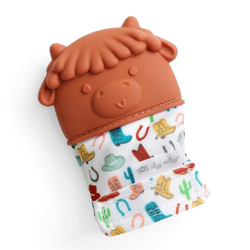 Image of Itzy Ritzy Silicone Teething Mitt - Soothing Infant Teething Mitten with Adjustable Strap, Crinkle Sound & Textured Silicone to Soothe Sore & Swollen Gums - for Ages 3 Months & Up (Cow)