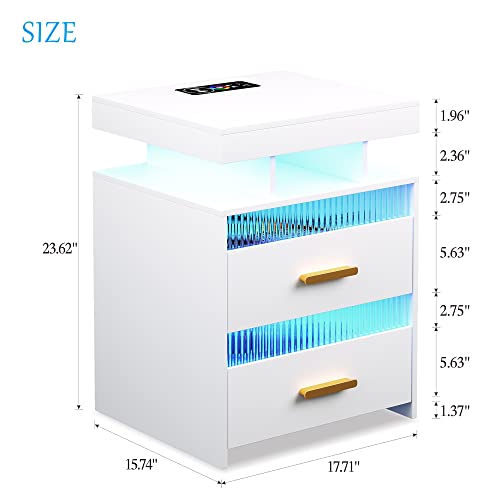 طاولة جانبية من ديستلر مع قاعدة شحن: طاولة بجانب السرير LED مع درجين ورف تخزين مفتوح، طاولة جانبية ذكية مع مستشعر بشري ضوء، اثاث غرفة نوم حديث، ابيض
