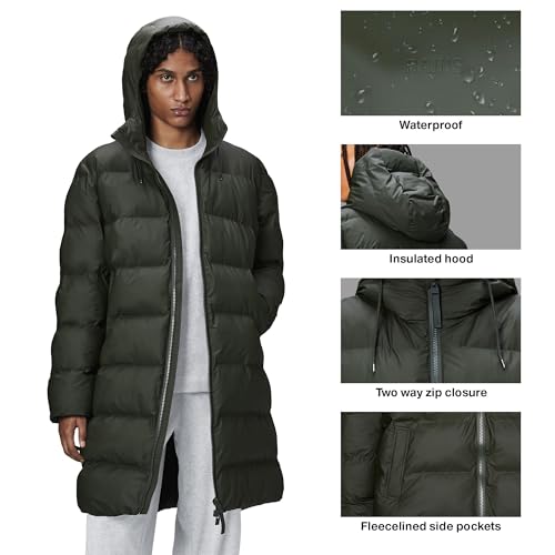 Image of RAINS Alta Puffer Jacket - Waterproof Winter Coat, Insulated Hood, Lightweight, Fleece Pockets, Warm for Cold Weather
