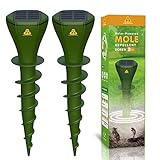 Mole Repellent Screw Solar Powered Outdoor Groundhog Deterrent Vibration Stakes Quiet Get Rid of Snake Vole Gopher Armadillo for Yard Lawns - No Noise Poison Kill Traps (Green 2pack)