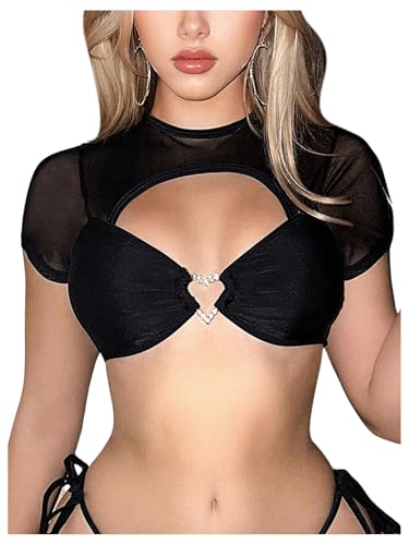 MakeMeChic Women's Rhinestone Heart Ring Mesh Top Cut Out Short Sleeve Summer Biniki Tops