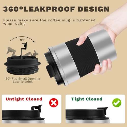 Image of Vacuum Insulated Stainless Steel Travel Coffee Mug,Leak Proof Cup with Lid | 304 stainless steel mug with vacuum insulation, leak proof lid, silicone grip and car cup holder friendly design