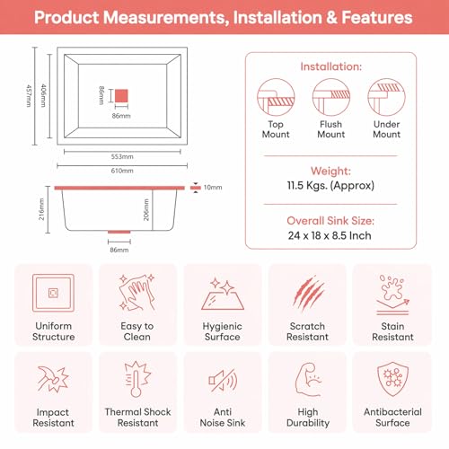 Image of Happy Homes Quartz Sink For Kitchen 24x18x9 INCH - Smoky Black Granite Kitchen Sink With Waste coupling & PVC Pipe | Smooth Finish, UV Protected, Top & Under Mount| 10 Years warranty