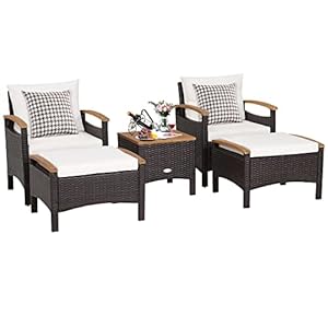 GIANTEX 5er Rattan Gartenmöbel Set, Balkonmöbel Set 2 Sessel & 2 Fußhocker & 1 Couchtisch, 5 TLG. Gartengarnitur Gartenlounge Set, Balkonset Gartenset Möbel Rattanmöbel, Rattan Sessel mit Kissen