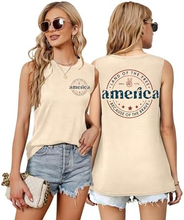 American Flag Tank Tops Women Sunglass Graphic Tees Shirts Casual...