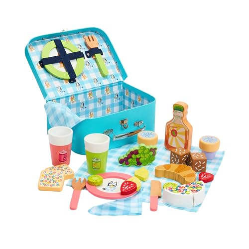 Image of 8th Wonder Wooden Bluey Toys Picnic Carrying Case, 30-Piece Picnic Basket Toy with Cutlery and Food Accessories, Outdoor Food Toys for Kids of Ages 3+