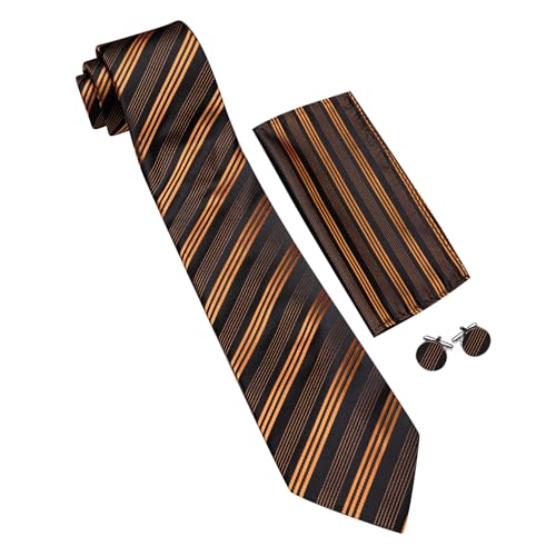 Image of Barry.Wang Man Stripe Ties Set Silk Woven Pocket Square Necktie Cufflinks Formal Party Business