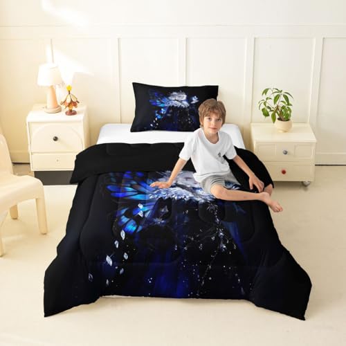 Image of Erosebridal Gothic Girls Comforter Set for Kids Boys Girls A Girl Wearing A Crown Bedding Butterfly Diamond Feather Print Duvet Set Coquette Princess Comforter Twin with 1 Pillowcase