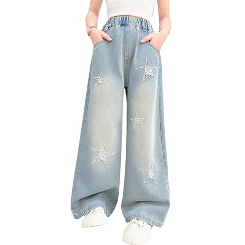Viatabuna Star Baggy Ripped Jeans for Girls Elastic Waist Wide Leg Distressed Denim Pants Kids Cute Pull On Jeans 5-14 Years