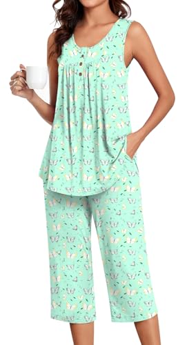 Image of Bestbee Women's Sleeveless Pajama Sets 2 Piece Sleepwear Summer Lounge Outfits Henley Tanks Capri Pants Ladies Pjs