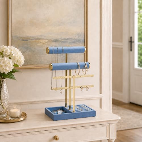 Image of Jewelry Organizer Stand for Necklaces, Bracelets, Earrings, Rings, Blue