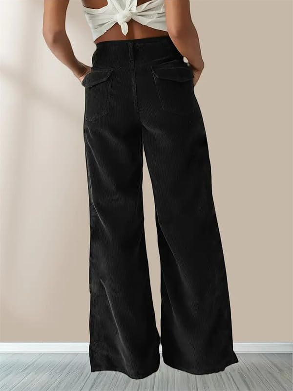 Generisch Damen-Hose mit hohem Bund vielseitig einsetzbar schlankmachende Cordhose mit weitem Bein Trendige Freizeithose