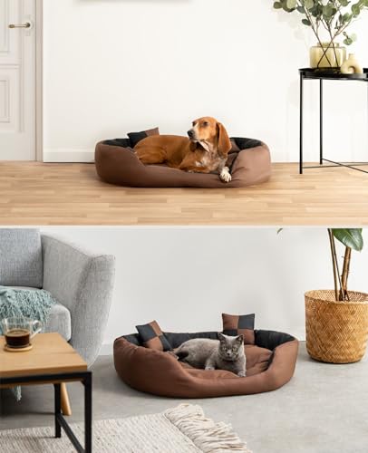 lionto Hundebett 4-in-1 mit Wendekissen aus robustem Oxford, 85x70 cm, Heimtierkissen Kratzfest mit tiefem Einstieg für Katzen und Hunde Aller Größen, inkl. Zierkissen, wasserabweisend, schwarz/braun