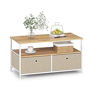 JRAO Table Basse Moderne avec 2 Tiroir en Tissus et Étagèr Table D’appoint Metallique Espace de Rangement Ouvert Meuble de Rangement Petite Table de SalonnRectangulaire Acier + Bois Blanc + Beige