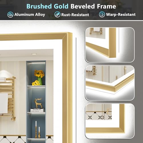 Image of 72x36 Gold Beveled LED Bathroom Mirror Backlit & Front Lit Anti-Fog | Brushed Gold Framed, Anti-Fog Lighted Vanity Mirror, Dimmable, 3-Color Light, Memory, CRI95, HD Tempered Glass, UL Listed