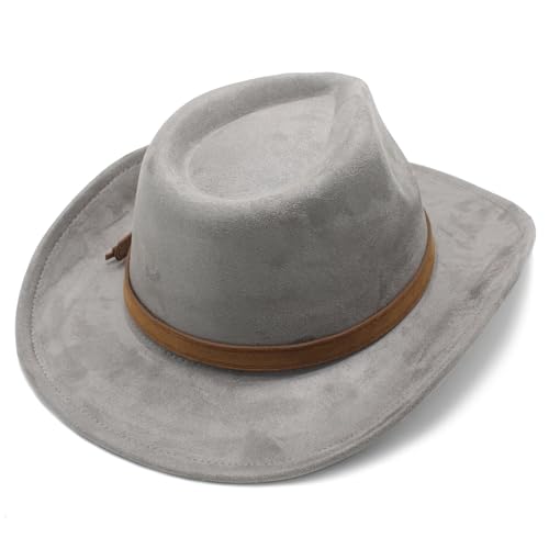 Image of Unisex Western Suede Cowboy Cowgirl Hat Classic Wide Brim Fedora Hat for Men &Women