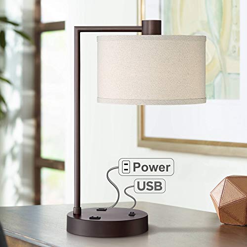 Colby Modern Desk Table Lamp with USB and AC Power Outlet in Base Bronze Metal Linen Uno Fitter Drum Shade for Living Room Bedroom Bedside Nightstand Office - 360 Lighting