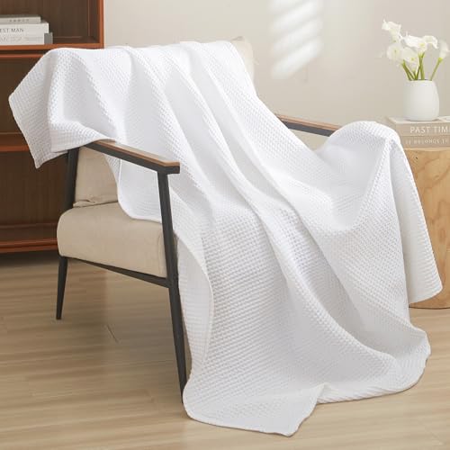 Image of PHF 100% Cotton Waffle Weave Throw Blanket 50 inch x 60 inch-Lightweight Cozy Washed Soft Breathable Throw Blanket for Adults and Kids-Great Blanket Layer for Couch Bed Sofa-Elegant Home Decoration- White | Pre-washed Natural Soft Cozy Summer Throw for Hot Sleepers, Textured Decorative Layer for Couch Sofa Guest Room, Giftable