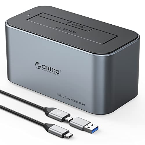 ORICO Aluminium Festplatten Dockingstation, 6Gbps USB 3.2 Gen 2 SSD/HDD Docking Station für SATA 2,5/ 3,5 Zoll bis zu 18 TB, mit 12V 2A Netzteil, Unterstützt USB A und USB C, Werkzeugfrei(6616C3)