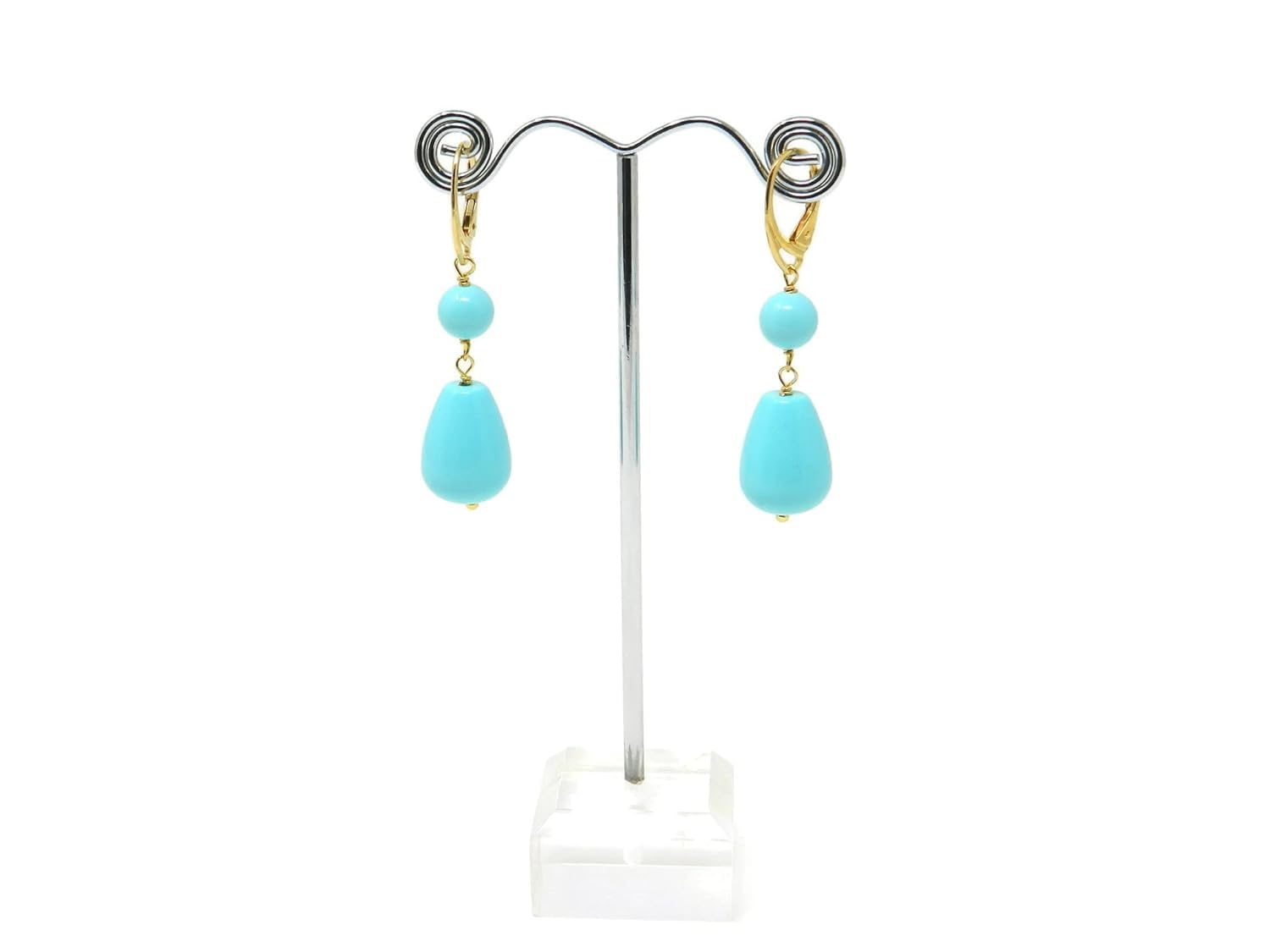 DodiGioielli Orecchini Pendenti Donna con Pallina e Goccia Liscia in Pasta di Turchese – Chiusura in Argento 925 Placcato Oro – Lunghezza 5,3 cm – Made in Italy – Nichel Free
