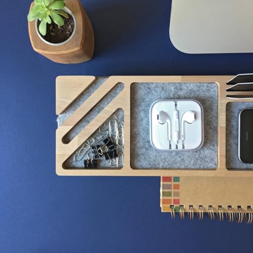 Image of Wooden Desk Organizer with Phone Stand, Multi-Compartment Stationery Holder, Natural Wood Finish (STYLE-2)