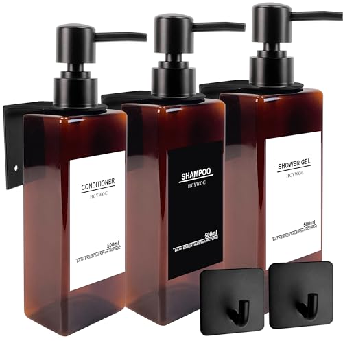 HCYWOC 3 Pièces Distributeur Savon Mural sans Percage, Distributeur de Savon Mural avec 32 Étiquettes Imperméables, 500ml Distributeur Gel Douche Mural,...