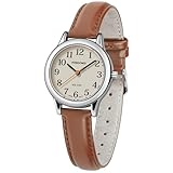 PINDOWS Minimalistische Uhren für Damen, Goldton-Gehäuse mit schwarzem Lederarmband, Modisch, Elegante Quarz-Analoguhr für den täglichen Gebrauch