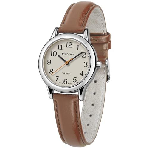 PINDOWS schlanke minimalistische Quarz-Analoguhr für Damen, Gehäuse in Goldton mit schwarzem Lederarmband, modische, Elegante Armbanduhr für den Alltag